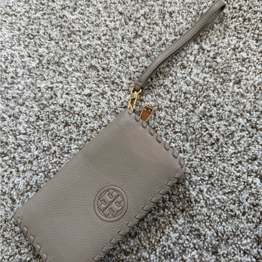 Tory Burch Taupe Wristlet with Logo